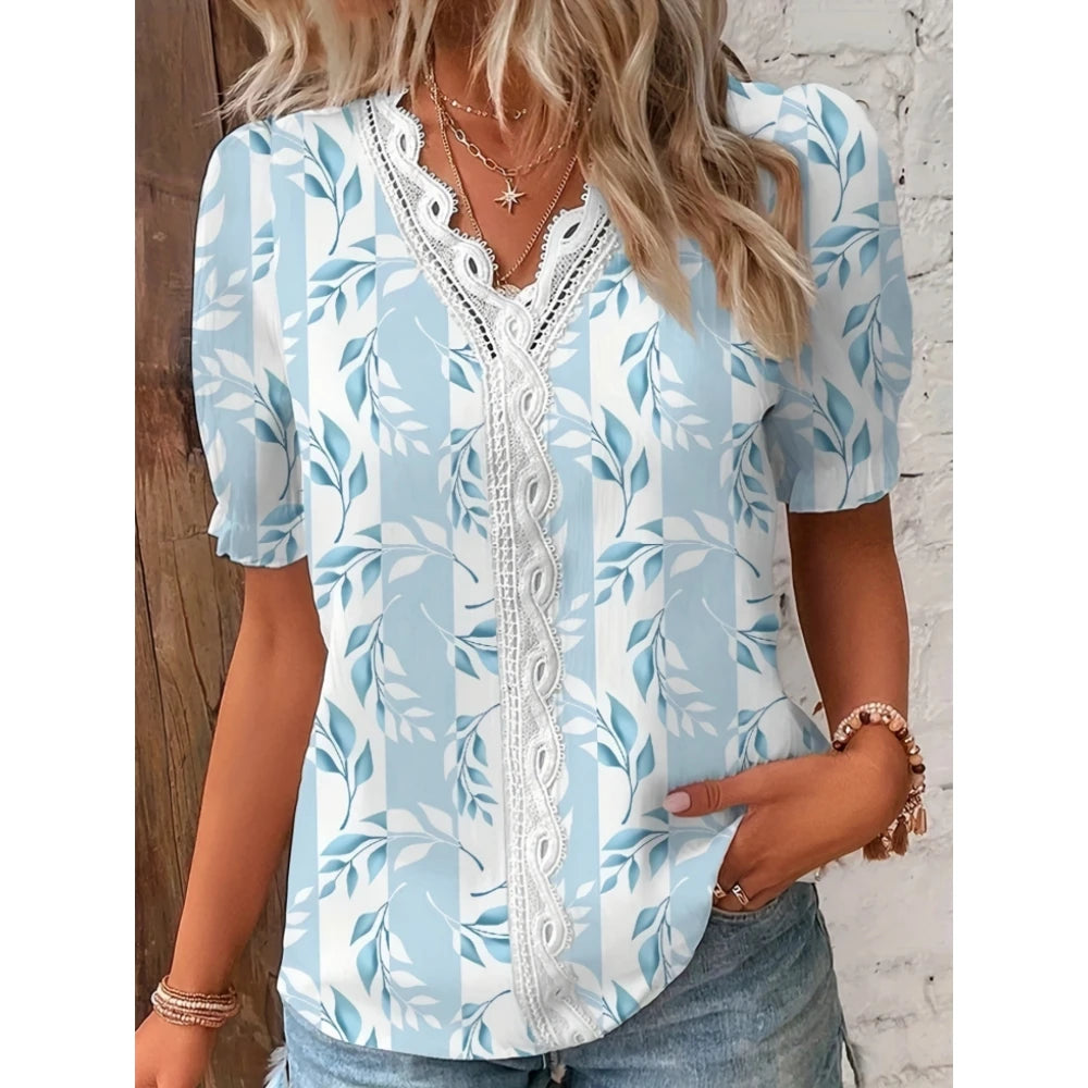 2024 new women's top summer comfortable and casual V-neck lace patchwork printed short sleeved shirt shirt women's clothing