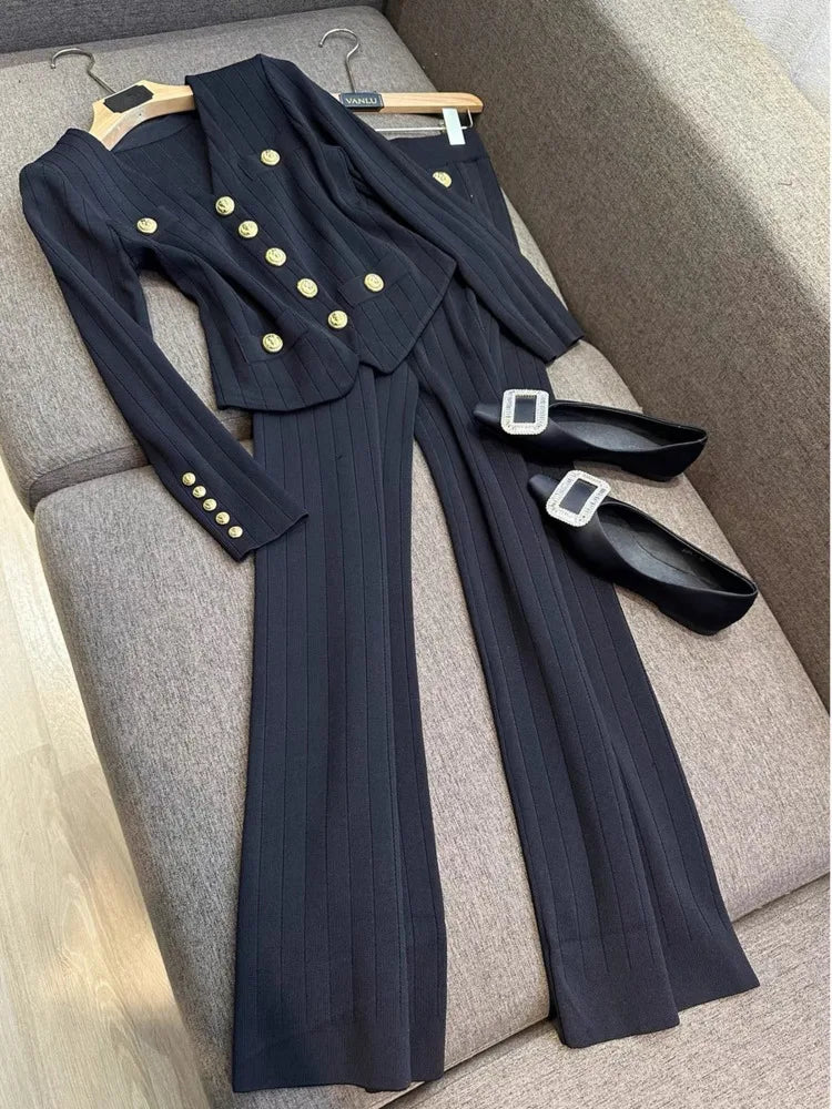 Stylish Slim Fit 3 Piece Pant Sets Women Knitted Cardigan + Vest + Wide Leg Pants Matching Sets Elegant Vintage Pant Suits 2024