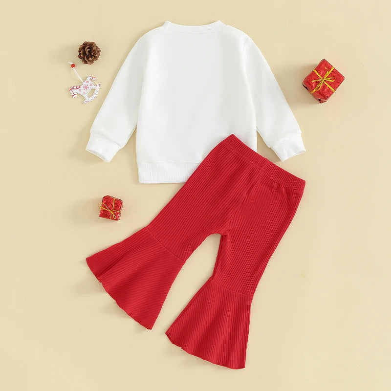 Toddler Baby Girl Christmas Outfit Long Sleeve Letter Print Pullover Sweatshirt Flared Pants Fall Winter Clothes Set