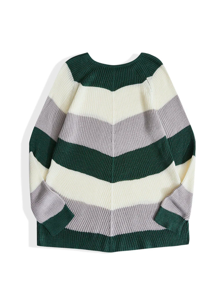 ONELINK Green White Grey Wide Stips O Neck Plus Size Autumn Winter 2022 Woolen Knit Pullover Women Sweater Oversize Clothing