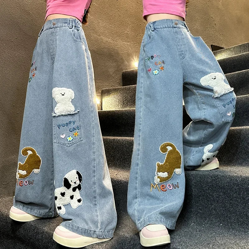 Autumn junior girls cartoon wide leg jeans teenage kids towel embroidered dog denim pants Fashion child trousers 4 6 8 10 12 14