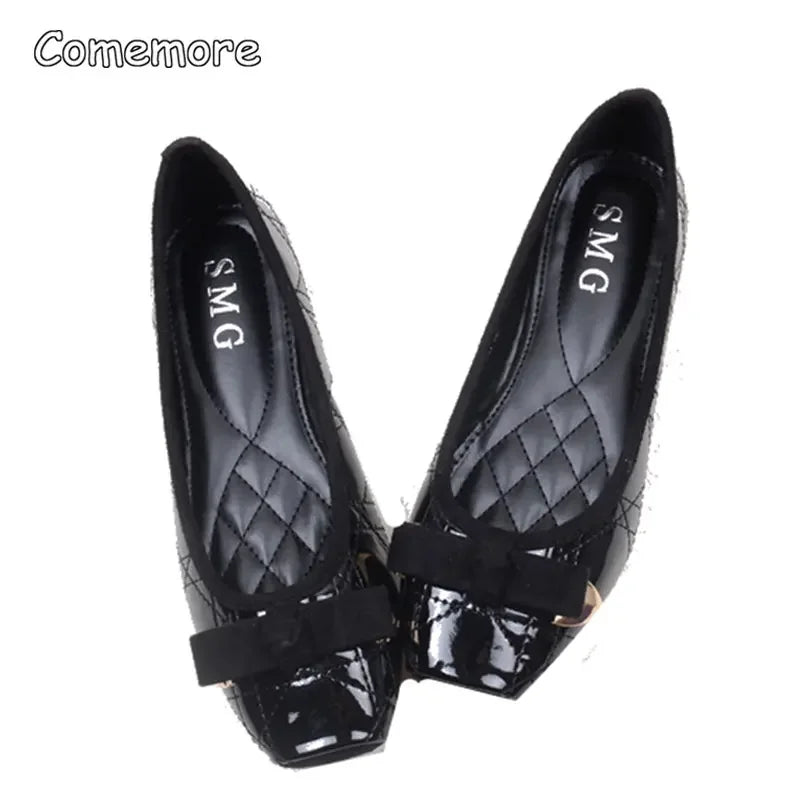 Comemore Leather Women Solid Ballerina Flats Plus Size 35-41 Office Shoes Ladies Black Espadrilles Square Toe Bow-knot Moccasins