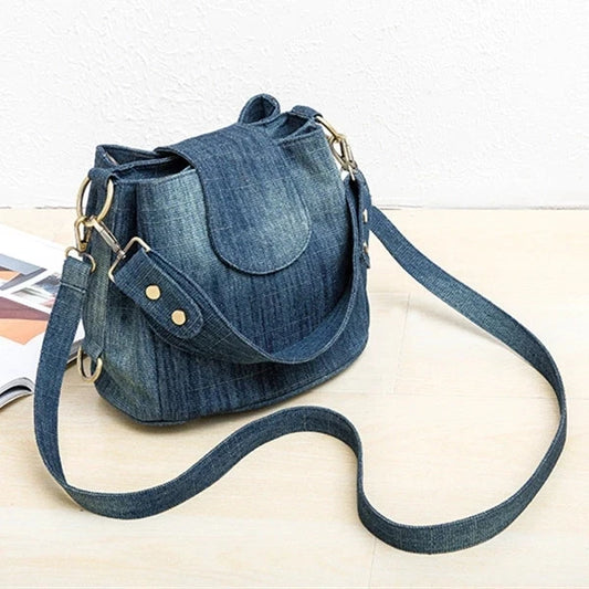 Casual Denim Bucket bag for women Shoulder Crossbody Bag Multiple pockets  ladies handbag Luxury design Female big Totes blue