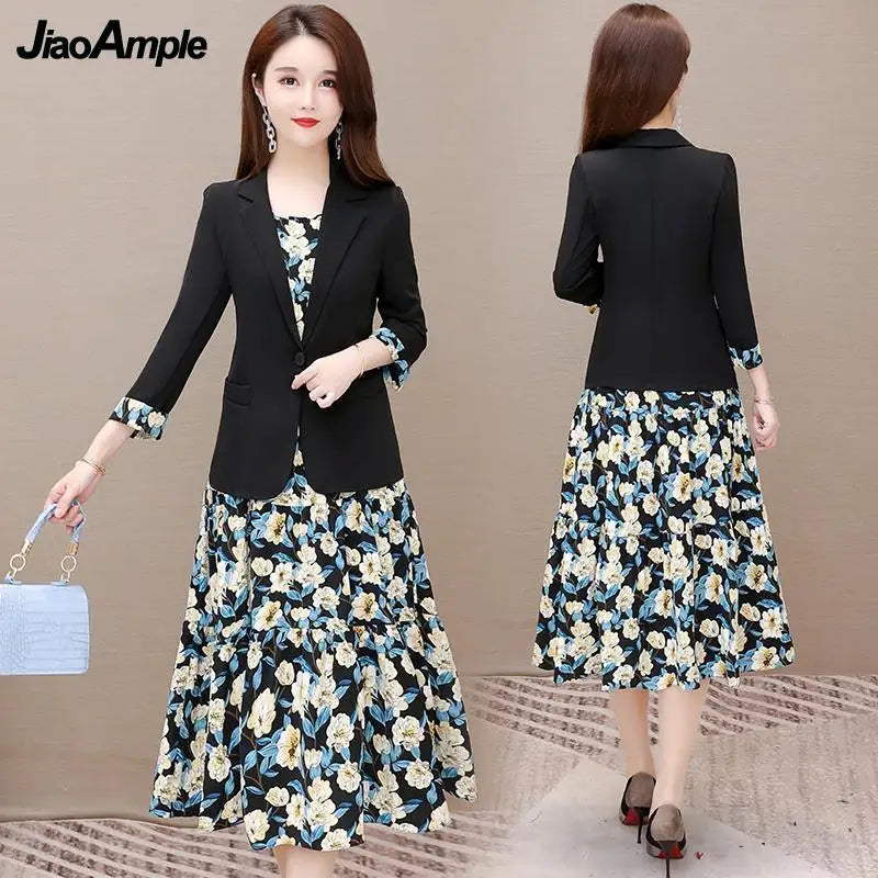 Women's Casual Floral Sling Dress Set 2024 Spring Autumn New Suit Jacket Dresses Two Piece Female Chic Blazers Midi Skirt Set