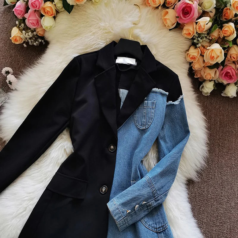 Vintage Patchwork Denim Blazer Women Spring Autumn Notched Long Sleeve Asymmetrical Jacket Office Lady Coat Blazer Mujer