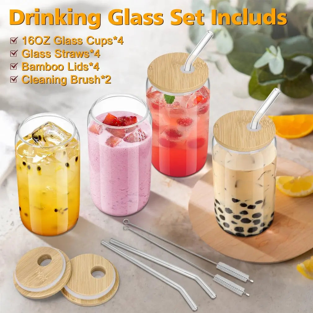 Drinking Glasses with Bamboo Lids and Glass Straw 6pcs Set 16oz Can Shaped Glass Cups Beer Glasses Iced Coffee Tumbler Cup