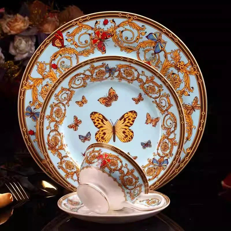 4 pcs /set Bone China Western Food Plates Coffee Cup Saucer Set Luxury Dinner Tableware Set Steak Plates Cups And Saucers Kit