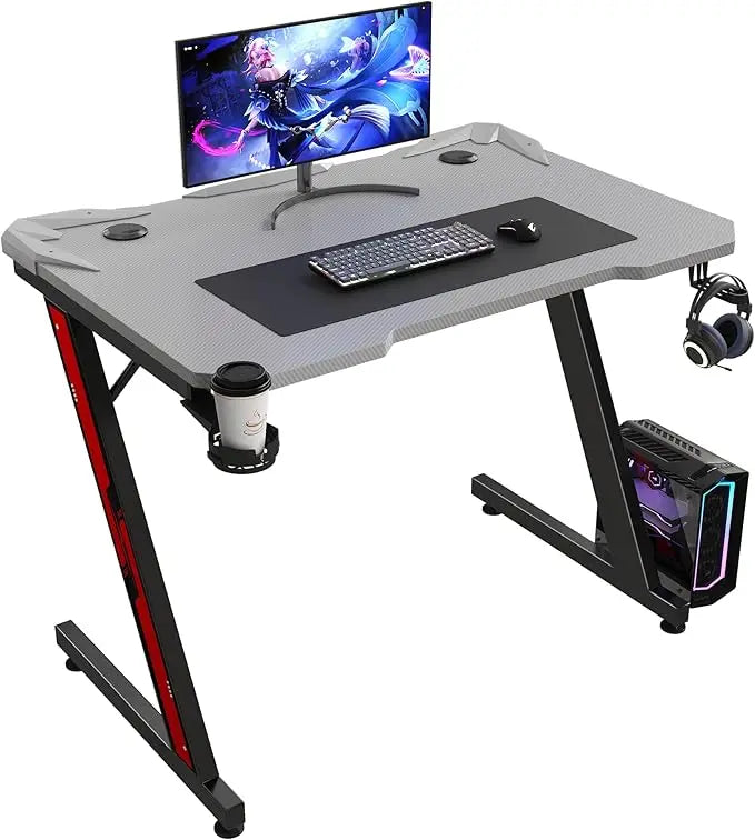 Gaming Computer Desk with Carbon Fiber Surface, Gaming Table Z Shaped Pc Home Office with Cup Holder&Headphone Hook(32 in)