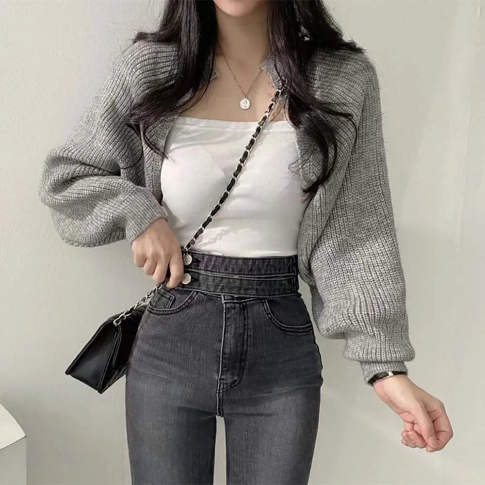 Women Crop Y2K Knit Bolero Cardigan Ladies Knitwear Shrug Long Sleeve Fall White Clothes Bolero Korean Sweater For Women Dress