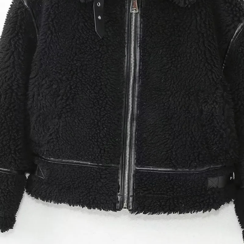 Fashion Patchwork Furry Jacket For Women Winter New Gentle Panelled Thick Warm Lambswool Fleece Coats lady Zipper Pocket Outwear