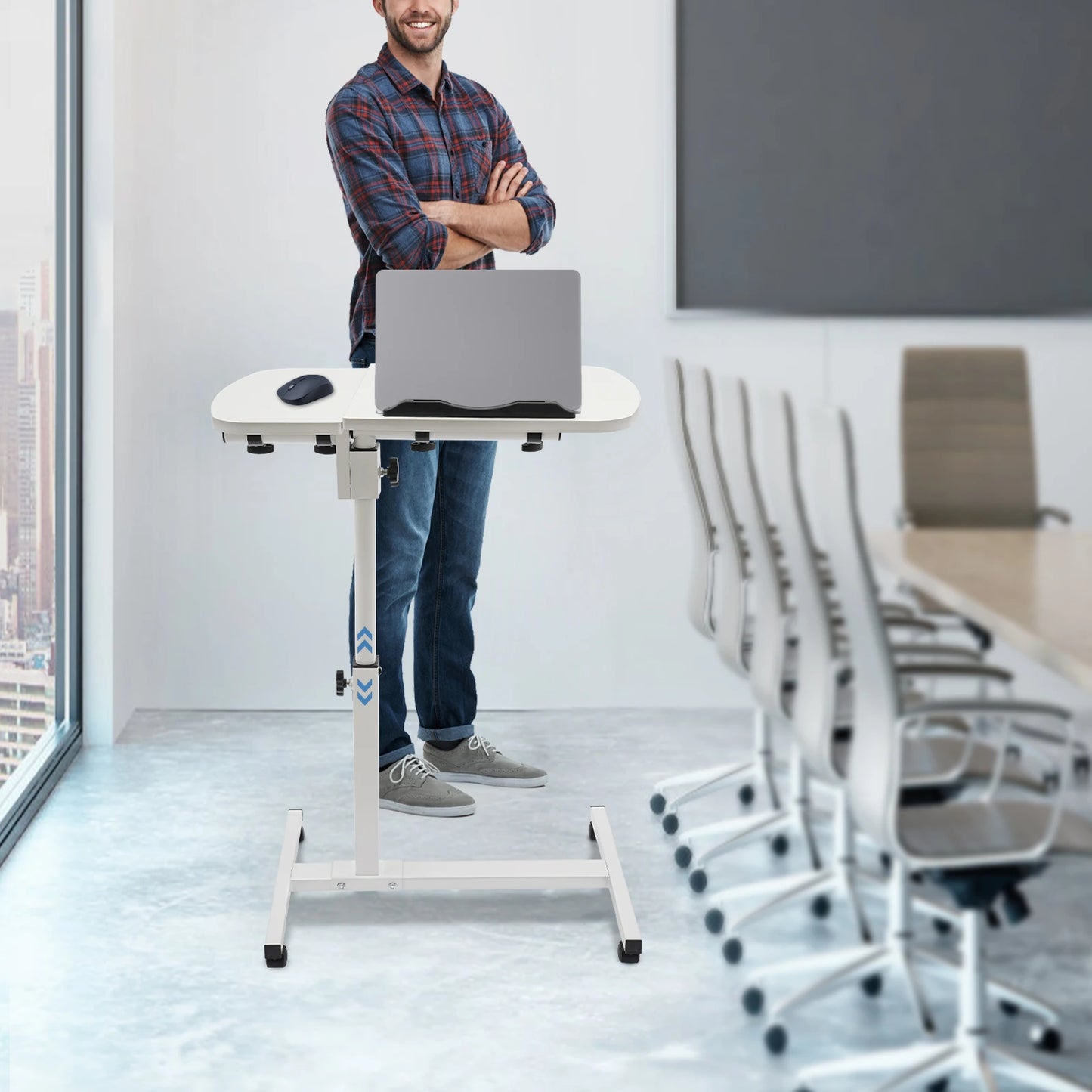 Adjustable White Laptop Table Stand with Lockable Wheels Portable Height Tilt for Home Office Bedroom Space Saving