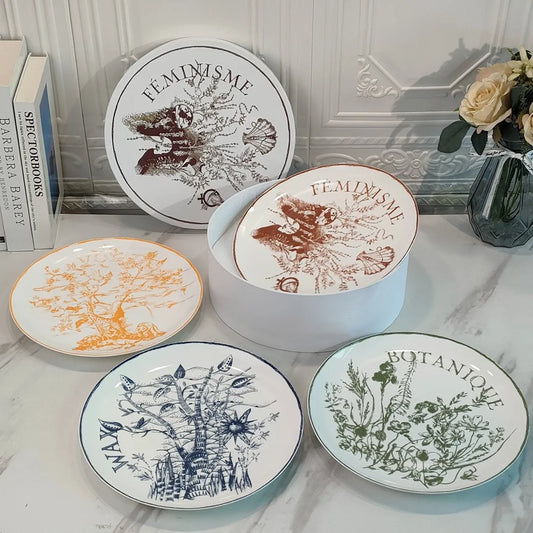 Utopian Garden Dinner Plates, Bone China, Western Food Plate Set, Dessert Plate, Tableware Dinnerware, Home Kitchen, 4Pcs