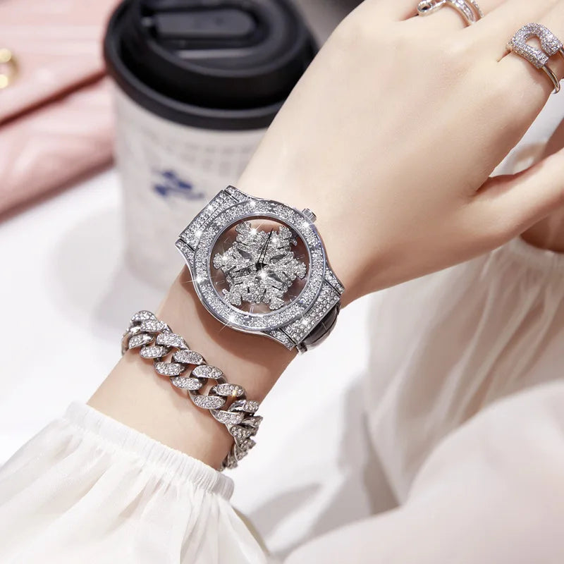 UTHAI L58 Watch For Women Light Luxury Leather Strap 360 Degrees Rotary Snowflake Hollow Diamond Ladies Watches Waterproof Clock