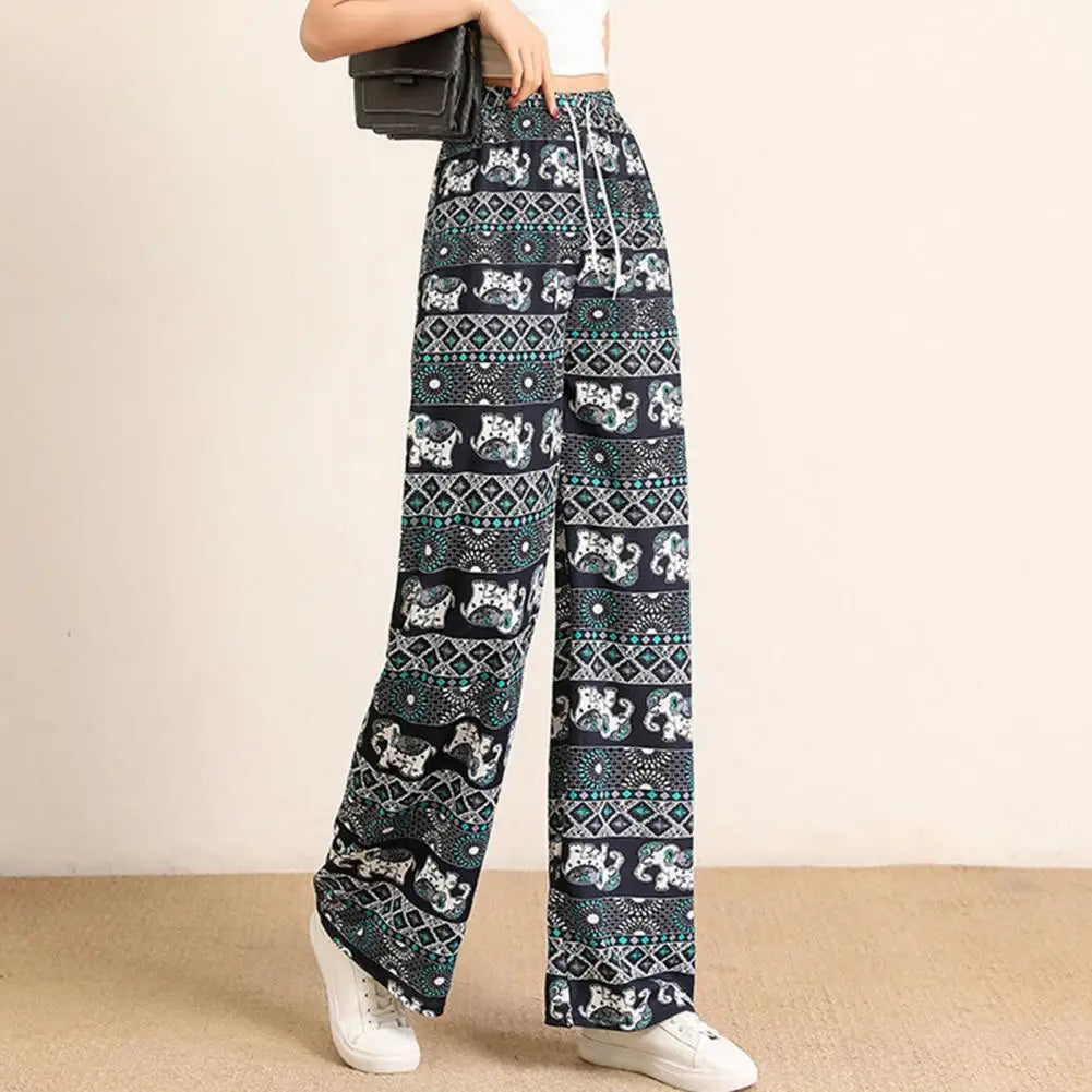 Retro Elephant Print Straight Wide Leg Pants Long Pants Thin Lady Slacks Soft Sweat Absorbing Oversized Casual Pants Loose Pants