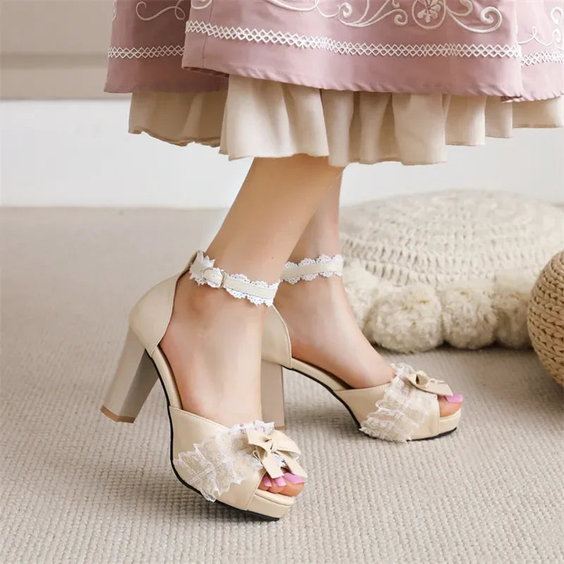 Children's Fashion Lolita Sandals Sweet Lace Peep Toe Bows Buckle High Heeled Girls New Mary Janes Cosplay Princess Shoes