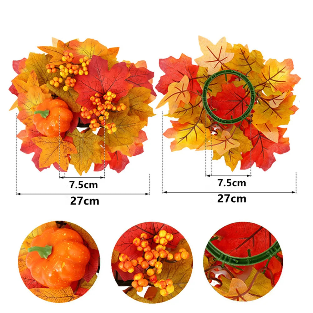 2 Pack Fall Candle Rings Wreaths 11" Artificial Maple Leaves And Berries Candle Rings For Farmhouse Halloween Table Decor