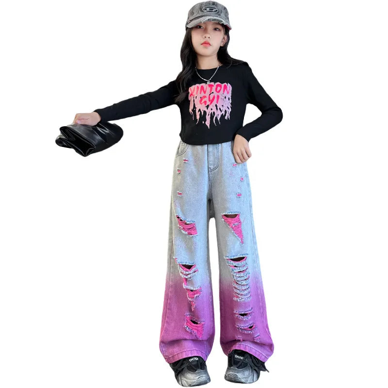 2024 Teenage Girls Hole Wide Leg Pants Fashion Loose Street Gradient Color Jeans for Kids Clothes 4-14Y School Children Trousers