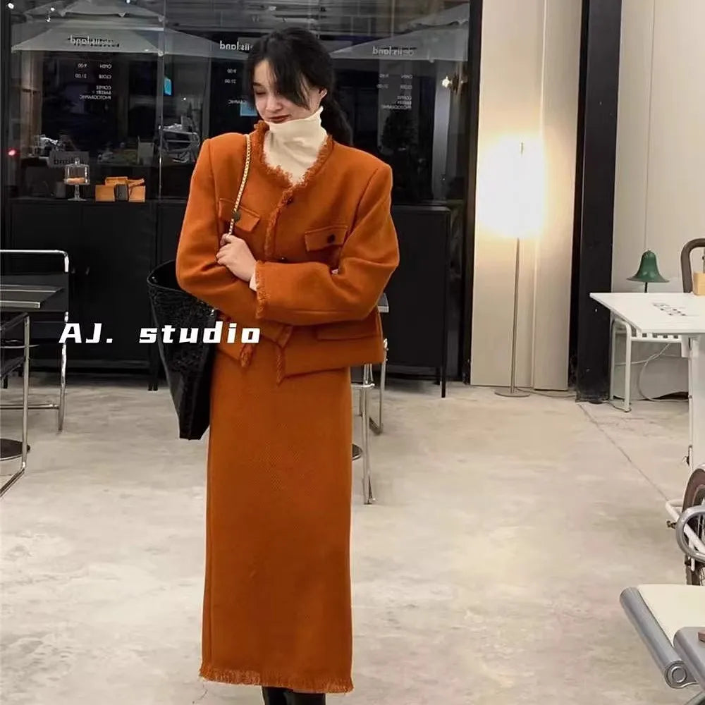 UNXX Elegant Tweed Set Stylish Wool Coat Skirt Two-Piece Women's Autumn New Vintage Dress Fall Style High Quality Fashionable