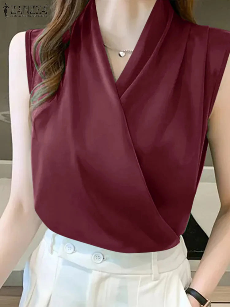 2023 ZANZEA Summer Elegant  V Neck Sleeveless Blouse Women Office Work Tops Female Casual Solid Pleated Shirt Satin Blusas Mujer