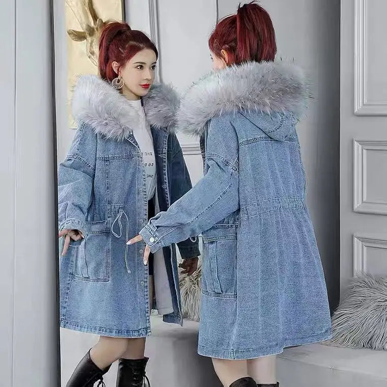 Women Jeans Coat 2024 New Winter Coat Thick Wool Denim Jacket Korea Loose Fur Collar Hooded Long Clothes Female Outerwear R375