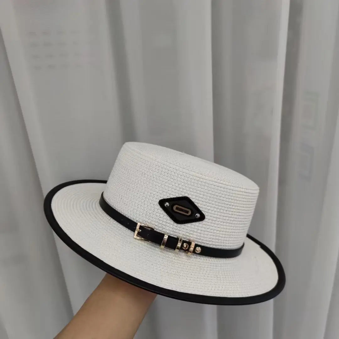 Designer Brand Flat Top Hat Leather Buckle Women's Sun Summer All-in-one Style Holiday Ladies Straw Sun Protection Caps for Men