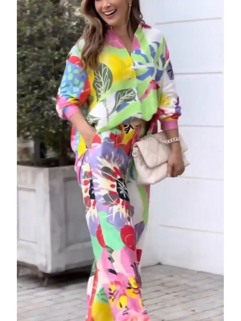 Fashion Color Print Two Piece Set Women Trendy Loose Long Sleeve Shirts Wide Legs Trousers 2 Piece Set Female  Commuting Suits