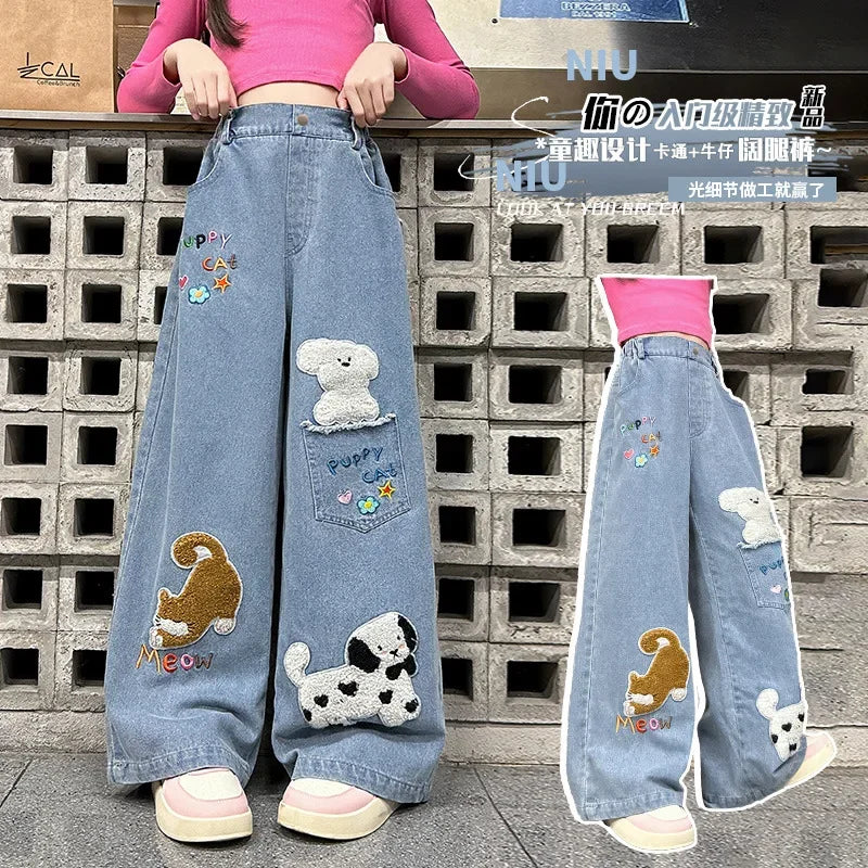 Autumn junior girls cartoon wide leg jeans teenage kids towel embroidered dog denim pants Fashion child trousers 4 6 8 10 12 14