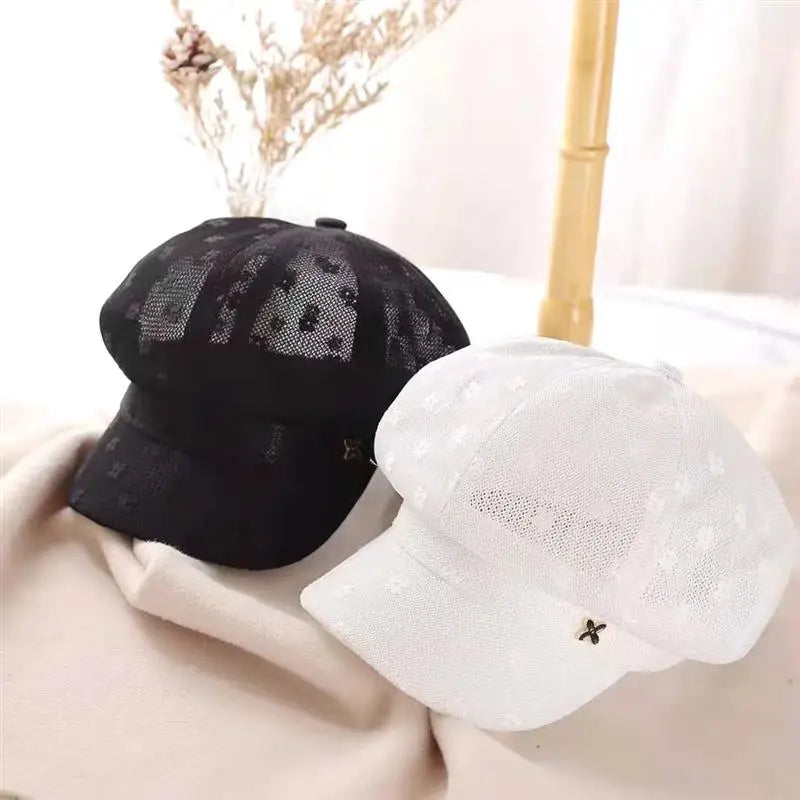 Women Caps with M Metal Sign Lace Floral Solid Newsboy Caps 2021 New Summer Octagonal Hat for Ladies White Black