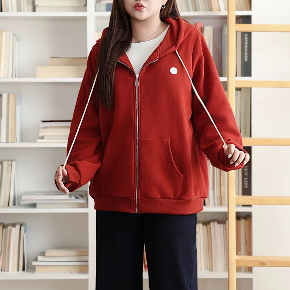 fleece-lined zip-up Hoodie Women Plus Size Good Quality Autumn Winter Warm Loose Hooded Coat 8809