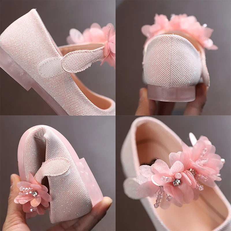 Spring Summer Girls Dress Princess Leather Shoes Lace Shining Flower Soft Sole Flats Performance Party  White Wedding Sandals