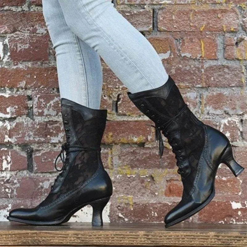 Vintage Women's Ankle Boots Victorian Pointed Toe Mid-Calf Boots for women elegant Pu Lace Up boot Spliced Ladies High Heel Shoe