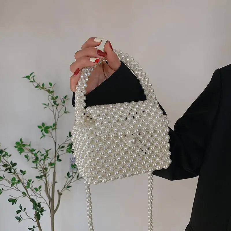 Pearl Crossbody Bags for Women Small Coin Wallet Handbag Handmade Woven Ladies Phone Tote Hand Shoulder Bag