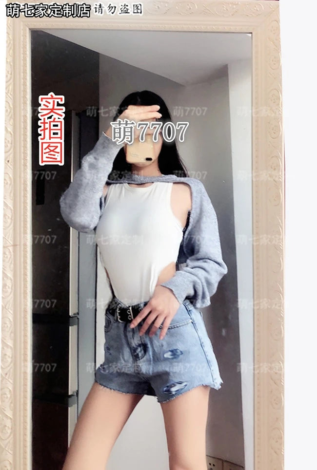 Kpop Girl Group LISA Jazz Dance Gray Slim Long Sleeve Hoodies Short White T-shirt Hip Hop Waist Denim Shorts Women Two Piece Set