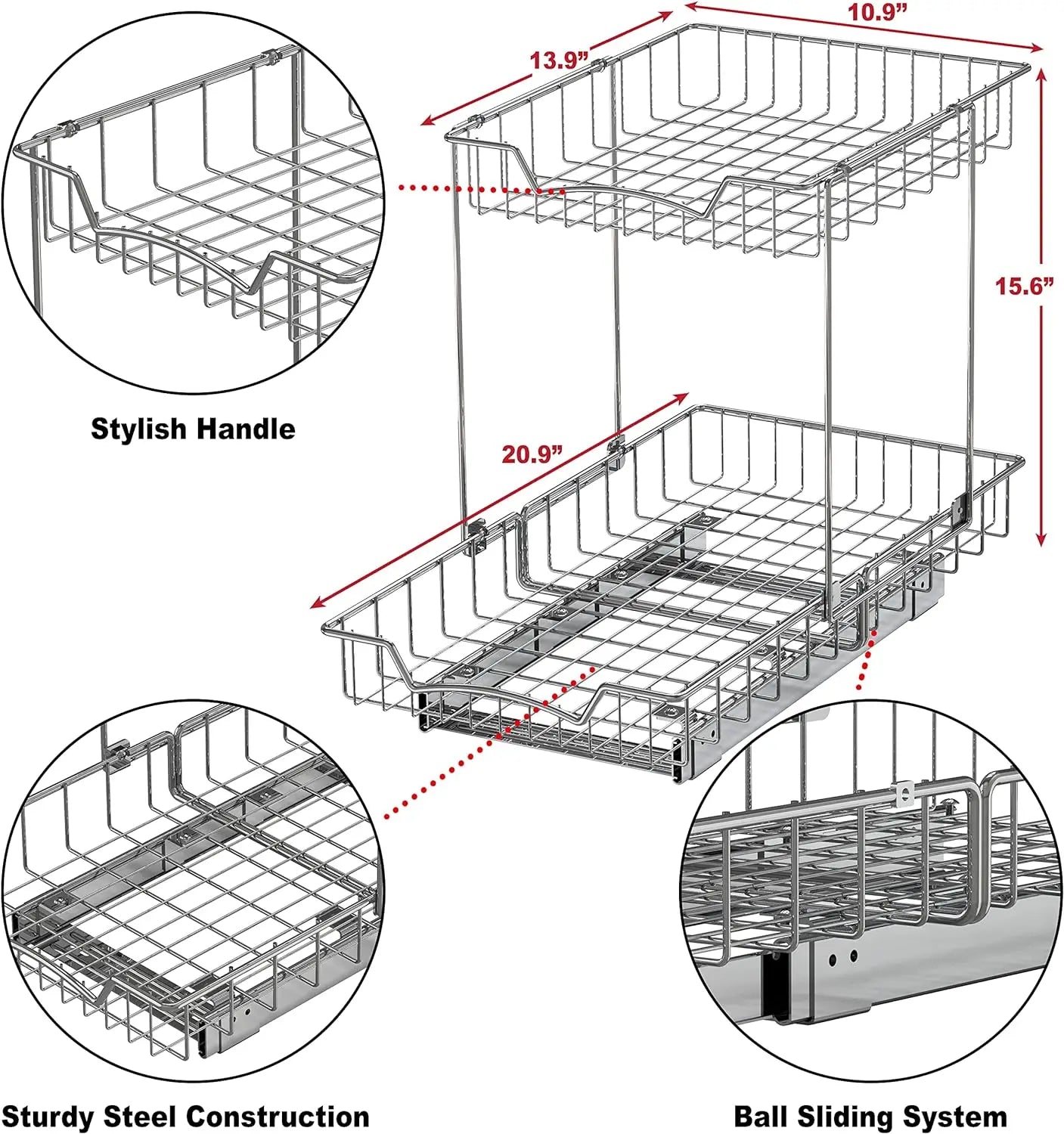 Simple Houseware 2-Tier (L+L) Organizer Pull Out Under Cabinet Sliding Shelf, Chrome