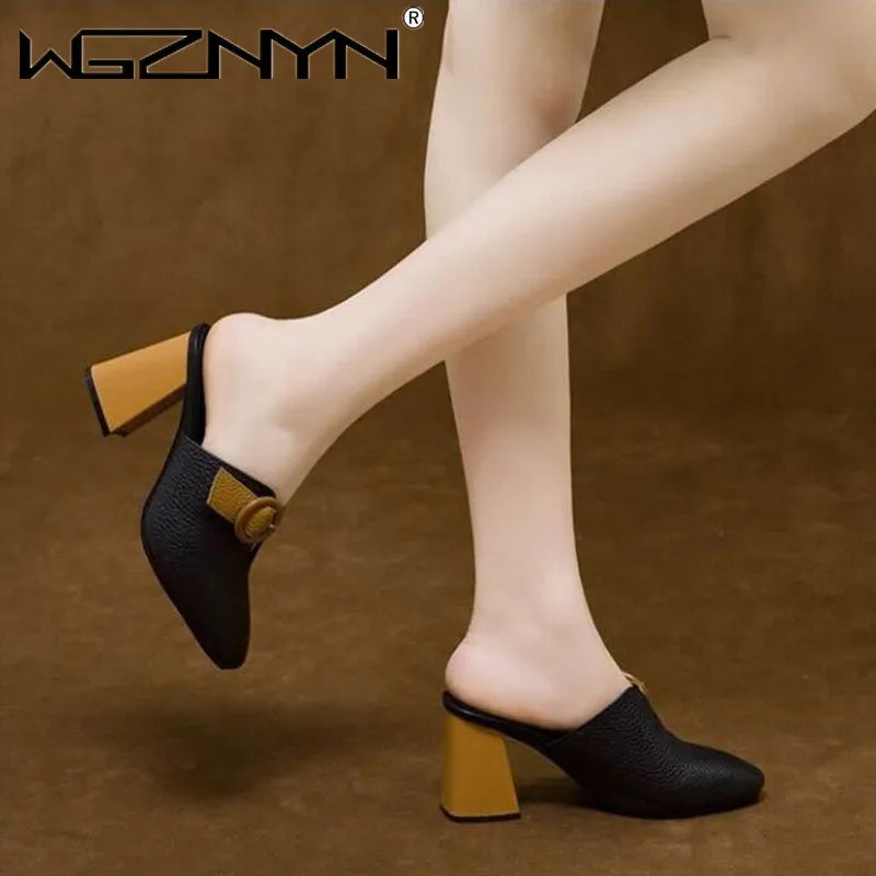 Women High Heeled Platform Half Slippers Leather Mules Femme Pointed Toe Feminino Office Ladies Chaussure Elegant Backless Shoes