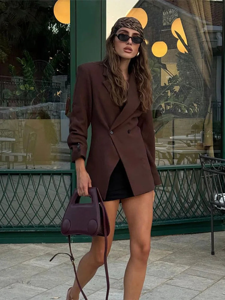 Casual Brown Lapel With Pocket Jacket Woman Fashion Cuff Buttons Long Sleeve Blazer Coat 2024 Lady Autumn High Street Outwear