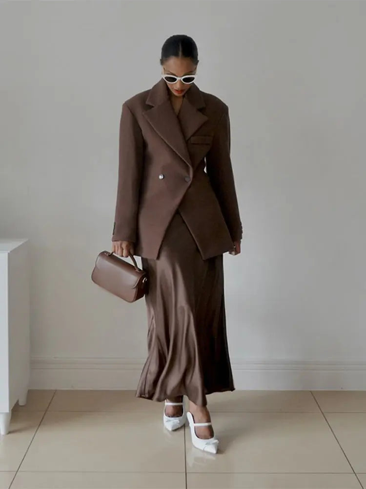 Casual Brown Lapel With Pocket Jacket Woman Fashion Cuff Buttons Long Sleeve Blazer Coat 2024 Lady Autumn High Street Outwear