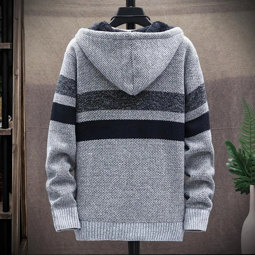 Men‘s Hooded Cardigan Knitted Sweater Winter Thick Fleece Warm Casual Knitwear Coat Solid Color Cardigan Men Winter Sweater