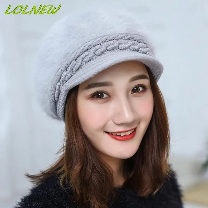 Winter Warm Beret Hat for Women Wool Knitted Hat for Mom Rabbit Fur Beret Solid Fashion Lady Cap Fall Hat Female Bonnet Caps