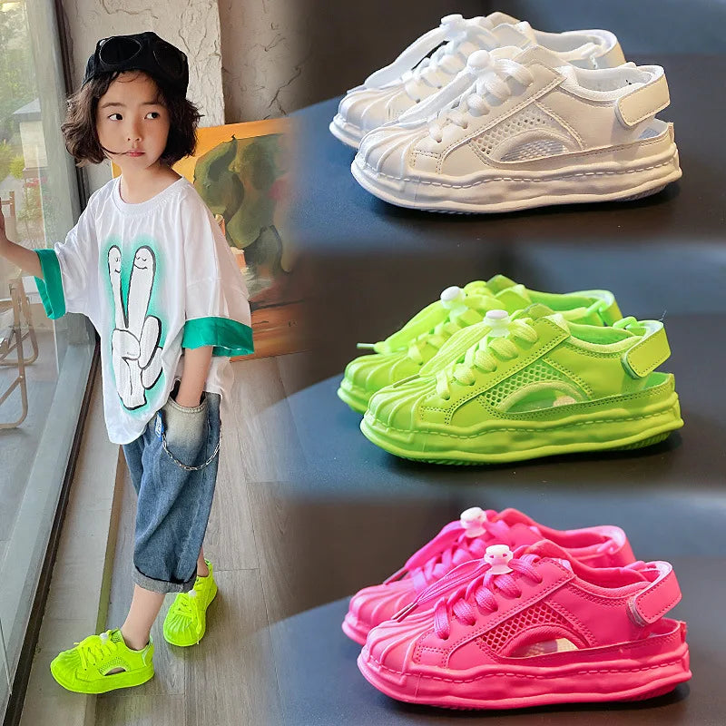 Children's Mesh Sneakers 2022 Summer Kids Fashion Boys' Breathable Running Shoes Hollow Girls Versatile Solid Pink School Shoes