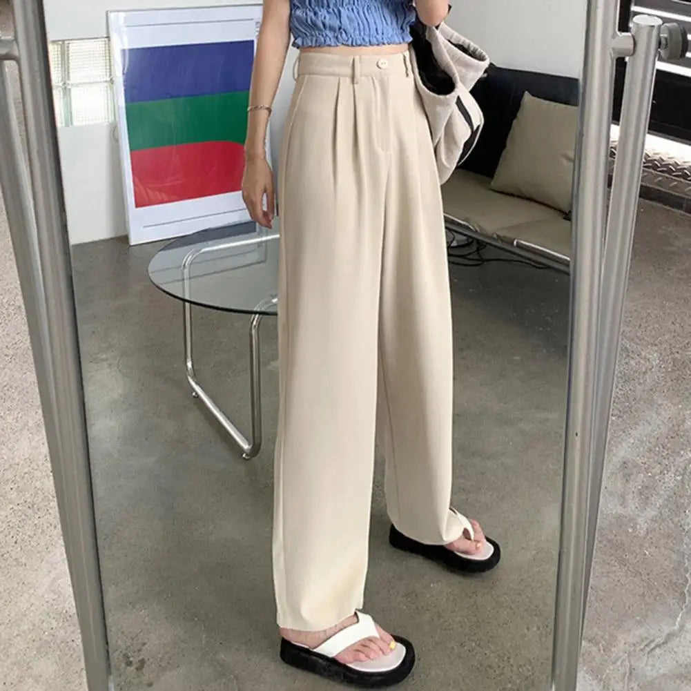 Wide Leg Dress Pants Elegant Women's High Waist Wide Leg Suit Pants with Pockets Solid Color Office Lady Trousers Button Zipper