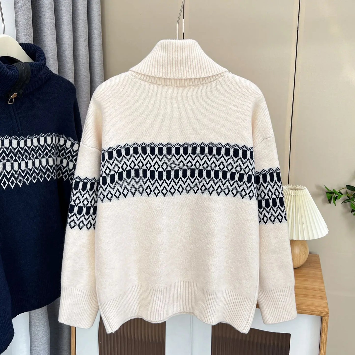 Stylish Contrast Color Jacquard Turtleneck Sweater Women Autumn Winter 2023 Plus Size Thermal Pullover Jumpers