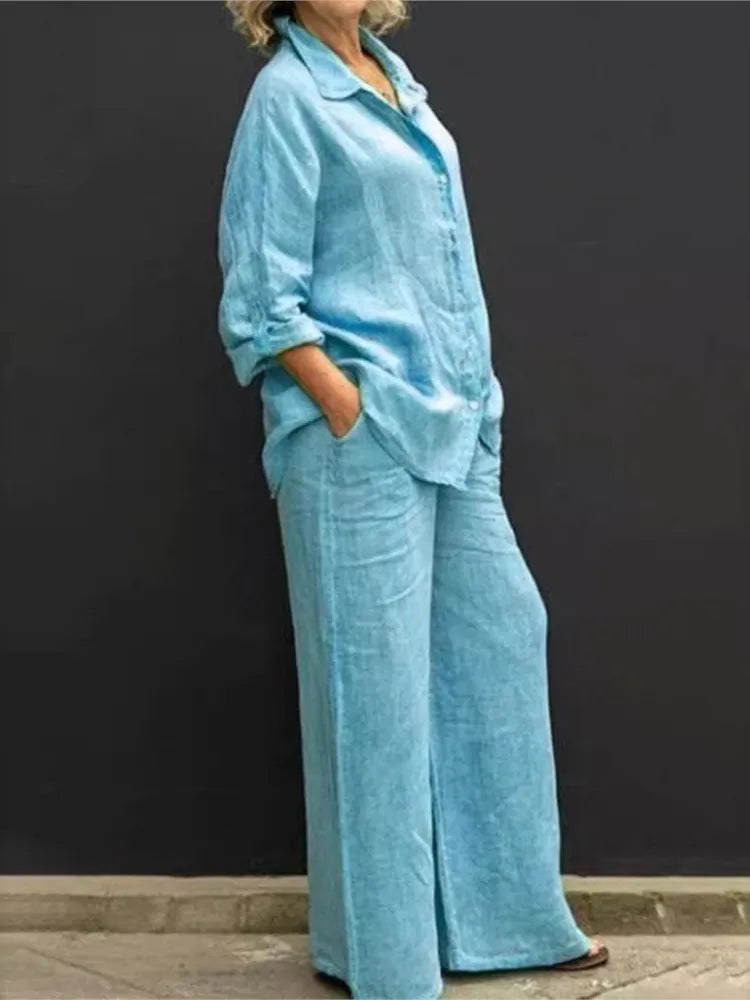 Solid Color Cotton Linen Shirt 2 Piece Set For Women Spring Autumn Long Sleeve Blouse Wide Leg Pants Suits Female Casual Outfits