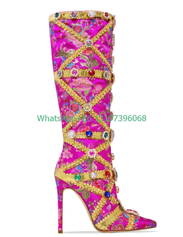 Lady color rhinestone design hand stitched boots sexy pink pointed toe knee boots gold design boots party demand footwear boots