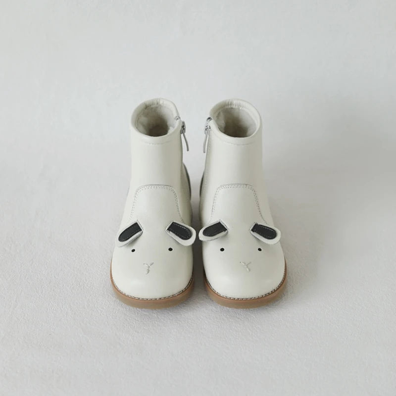 Autumn Winter Genuine Leather Children's Shoes Warm Lambswool Cartoon Bunny Baby Girls Ankle Boots Cowhide Boys Snow Boots