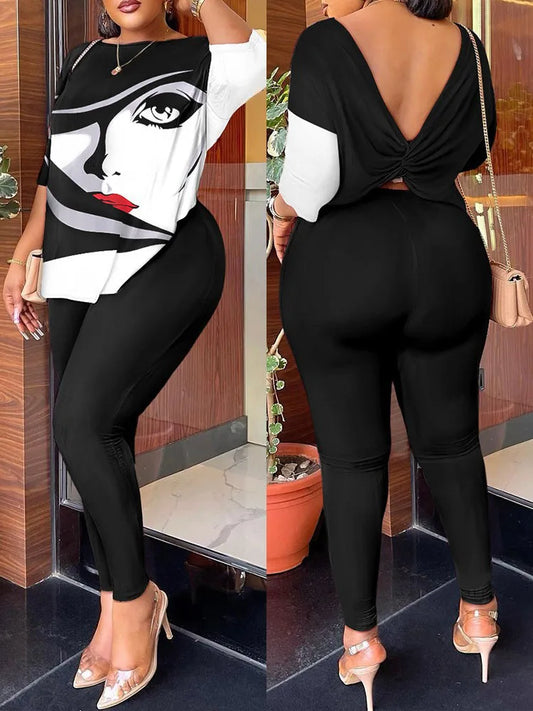 Sexy Women T-shirt Blouses 2 Piece Sets Suit Letter O-neck Backless Tops Pencil Long Pants Set Casual 2 Piece Sets Woman Clothes