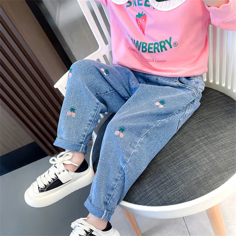 Girls Pants Long Trousers Cotton 2024 Cherry Spring Autumn Teenagers Baby's Kids Pants Outdoor Teenagers Children's Clothing