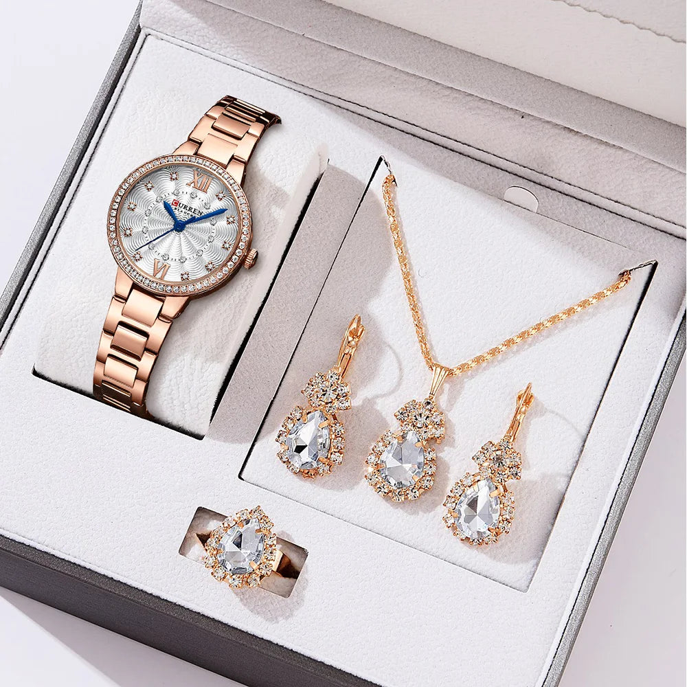 CURREN Luxury Watch Women Ring Necklace Earrings Rhinestone Fashion Wristwatch Female Casual Ladies Watches Bracelet 5PCS Set