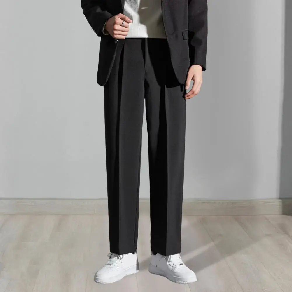 Solid Color Dress Pants Formal Men's Suit Pants with Drawstring Closure Straight Leg Slacks for Office Wear Solid Color Business