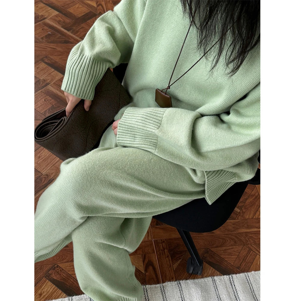 Women Sweater Suits High Quality 50% Wool Pullover With Knitted Pants Two Piece Sets Tracksuits Ladies Outfits Winter Clothes